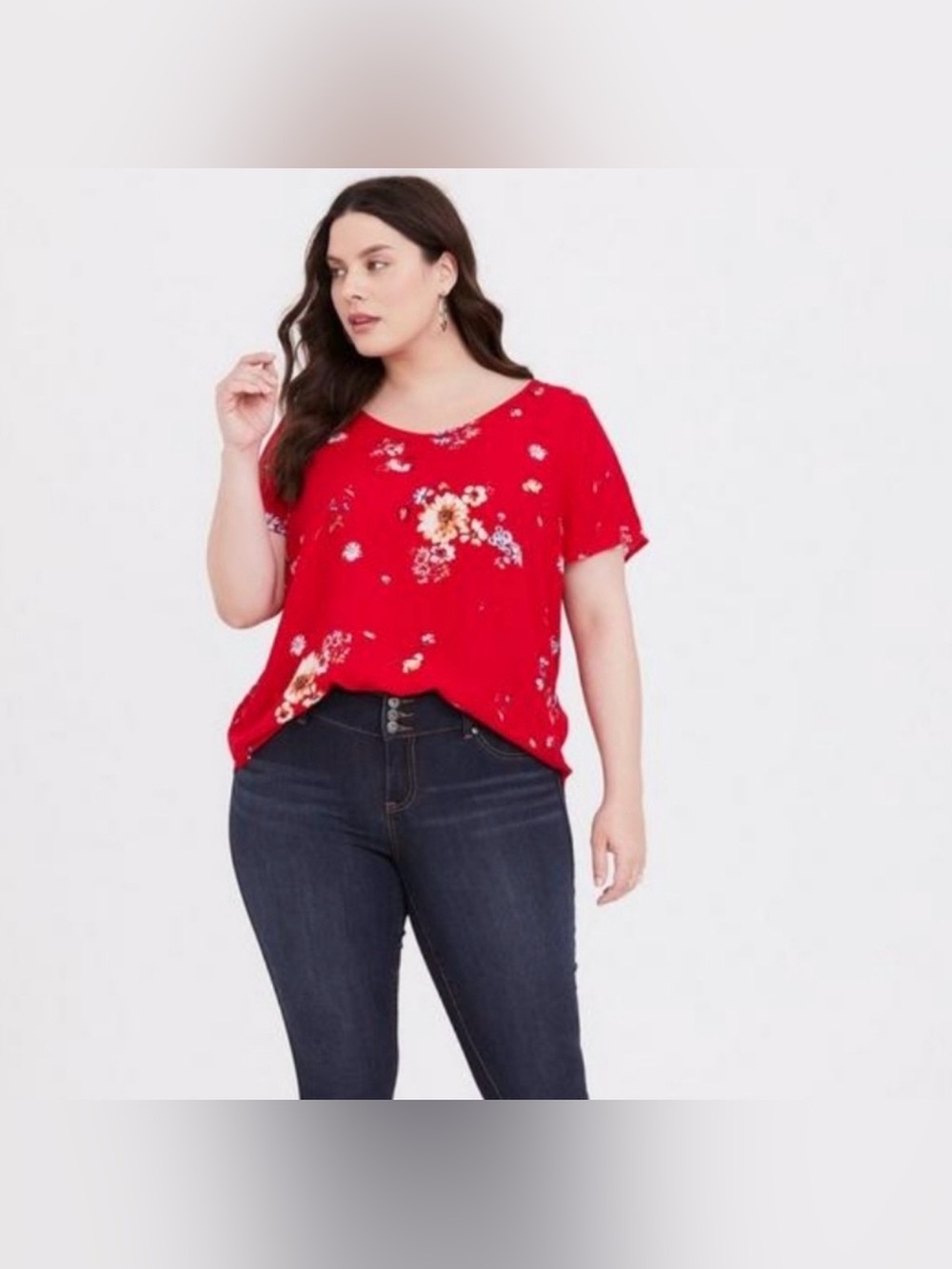 Torrid Womens 1X Red Floral Short Sleeves Abbey Gauze Button Back Blouse Top